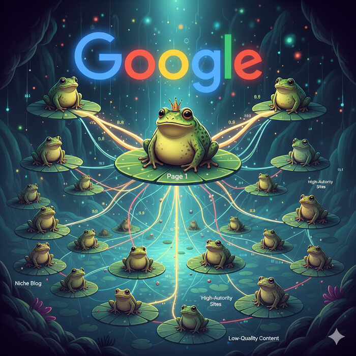A series of AI frogs and lillypads failing to describe how SEO works