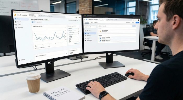 a man is diong something with GTM and GA4 pipelines