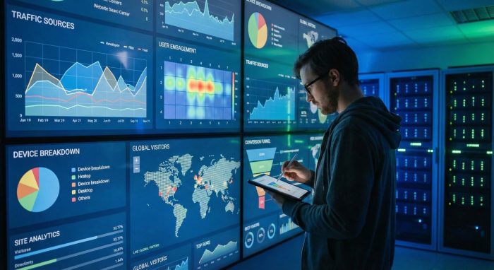 a man looking at a bunch of website analytics inside a server room